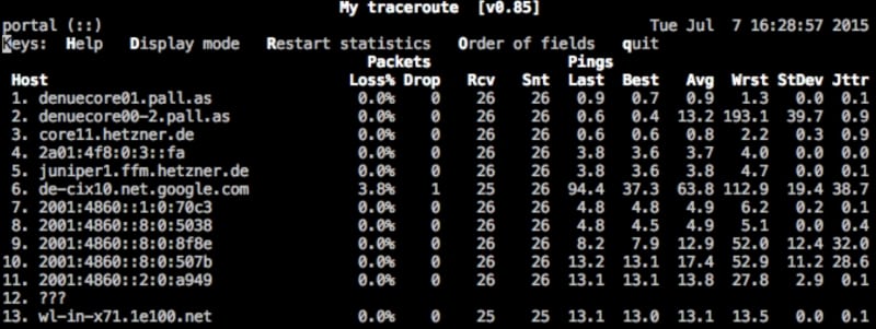 My Traceroute mtr IPv6 output