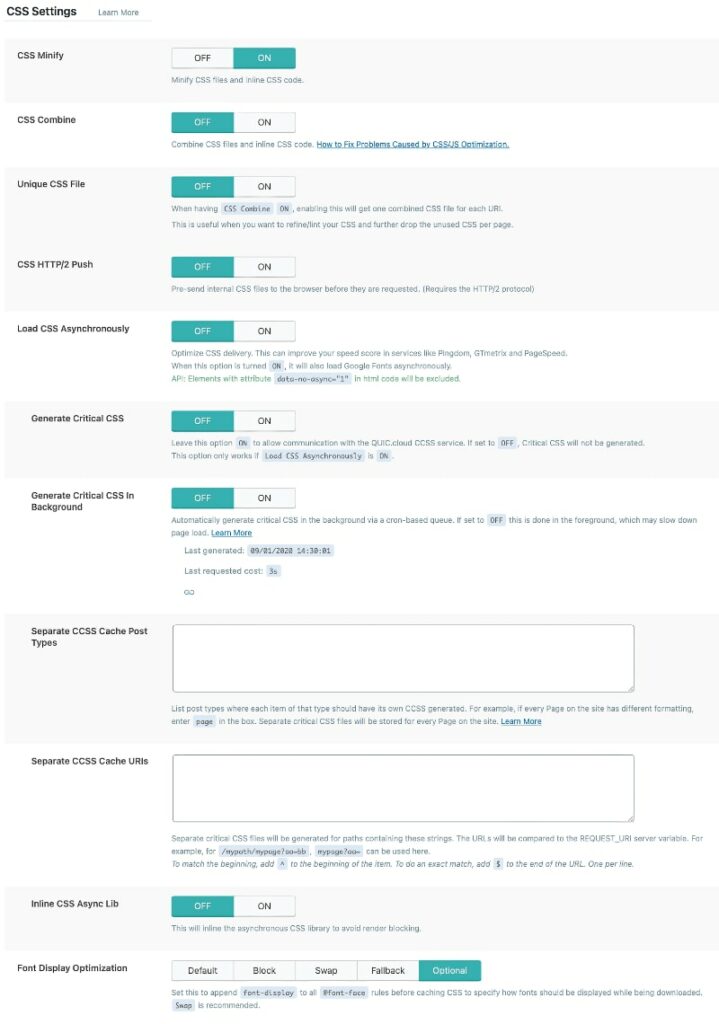 LiteSpeed Cache Page Optimization Settings CSS