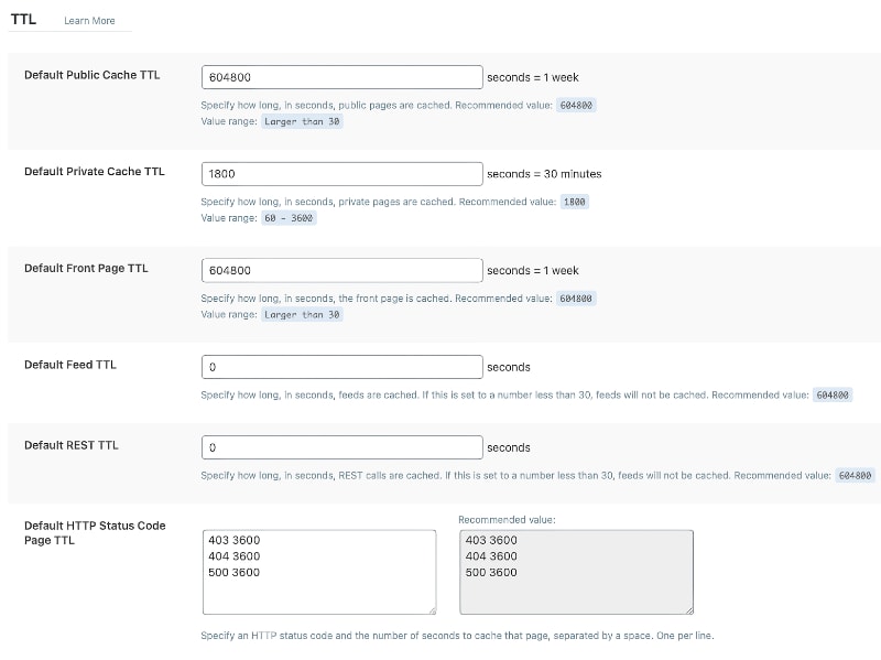 LiteSpeed Cache TTL settings