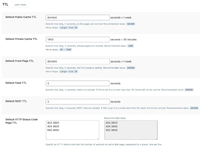 LiteSpeed Cache TTL settings
