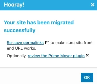 WP Your site has been migrated successfully