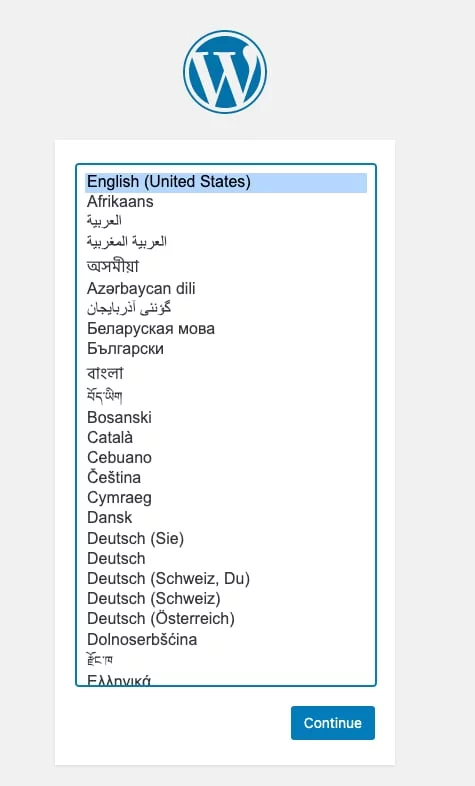 Wordpress Installation screen language setup